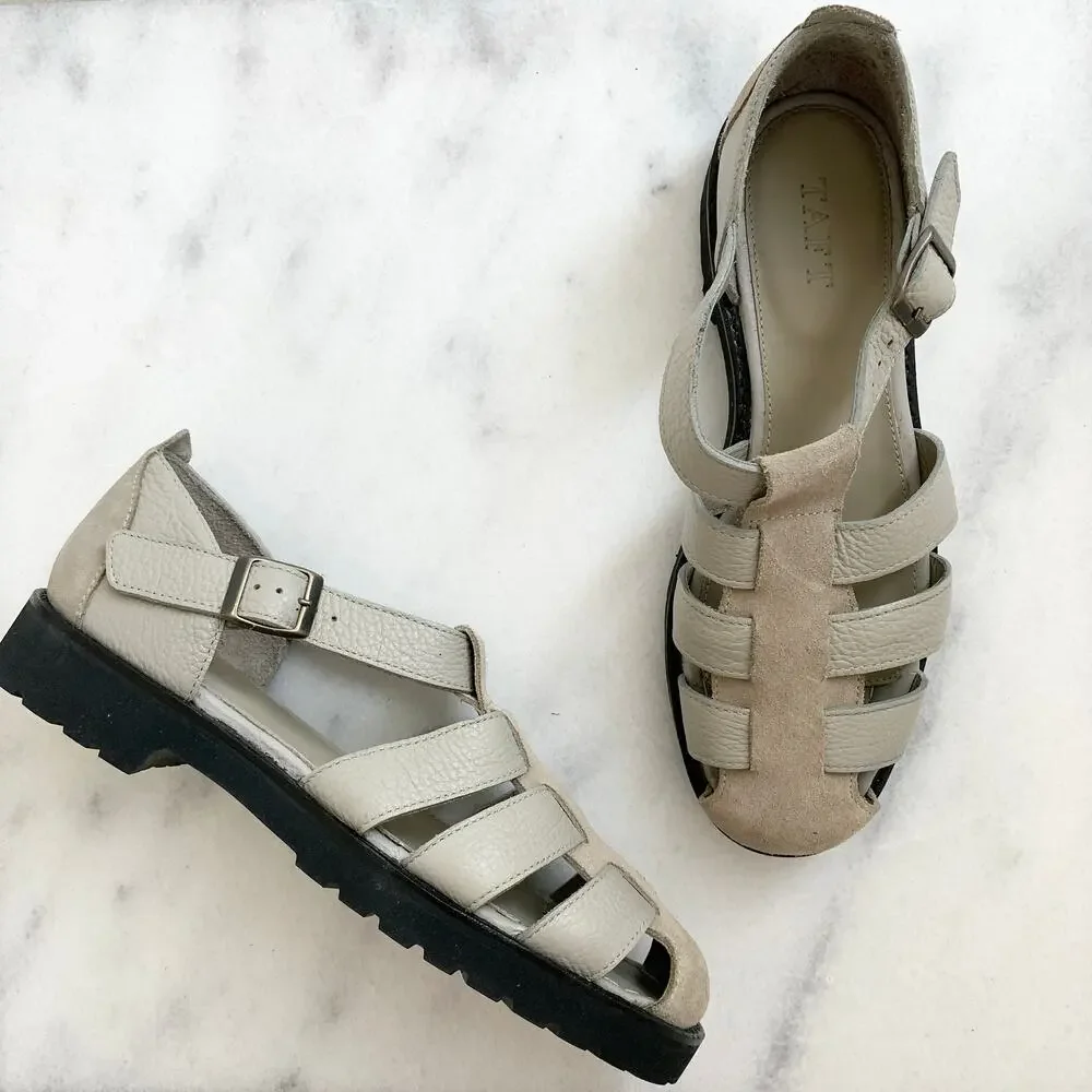 NEW Taft Buckled Cage Leather Mixed Media Fisherman Sandals Shoe Beige Tan 9